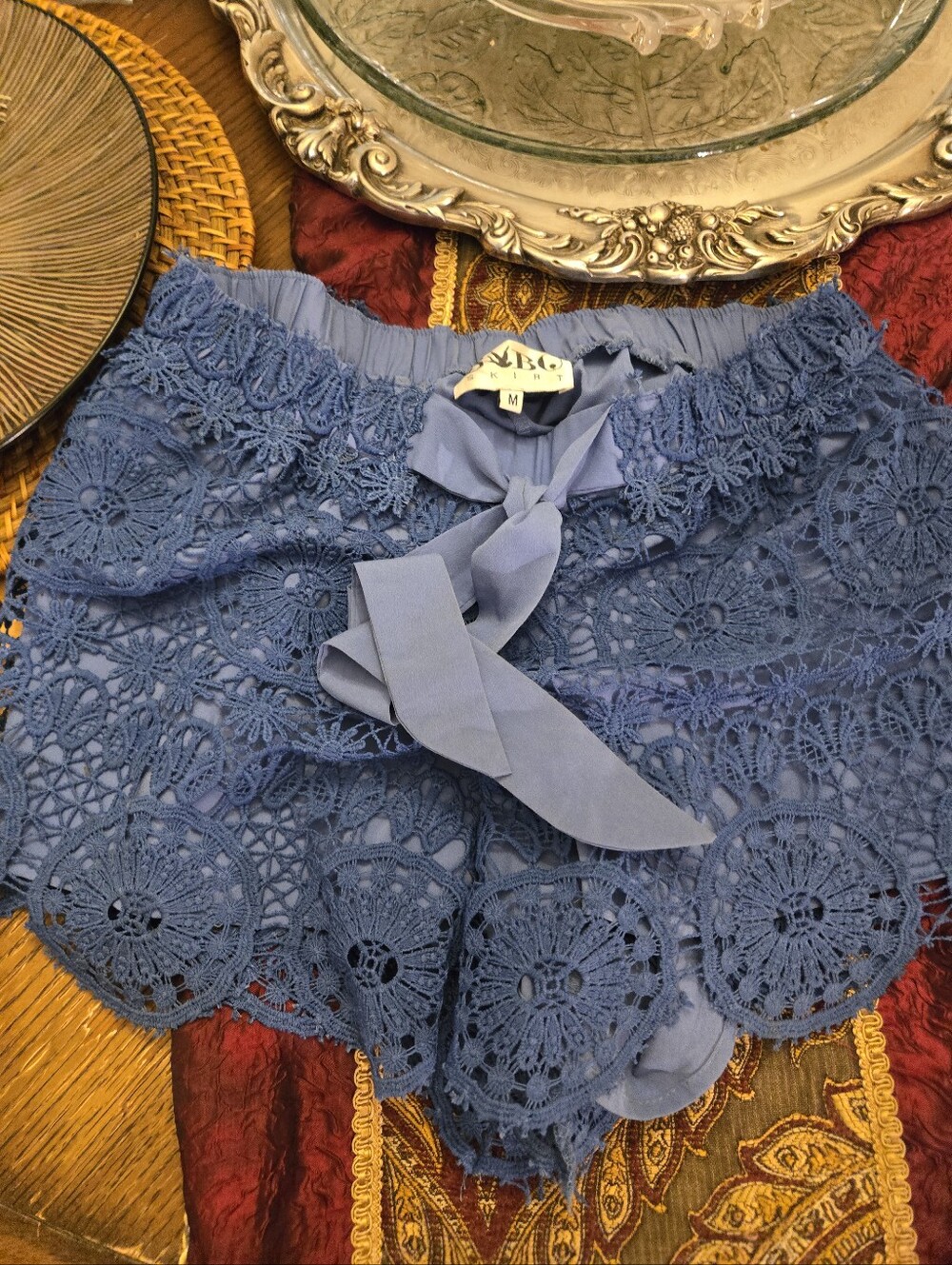 Sabo Skirt Dusty Blue Crochet Lace Skort with Tie Waist